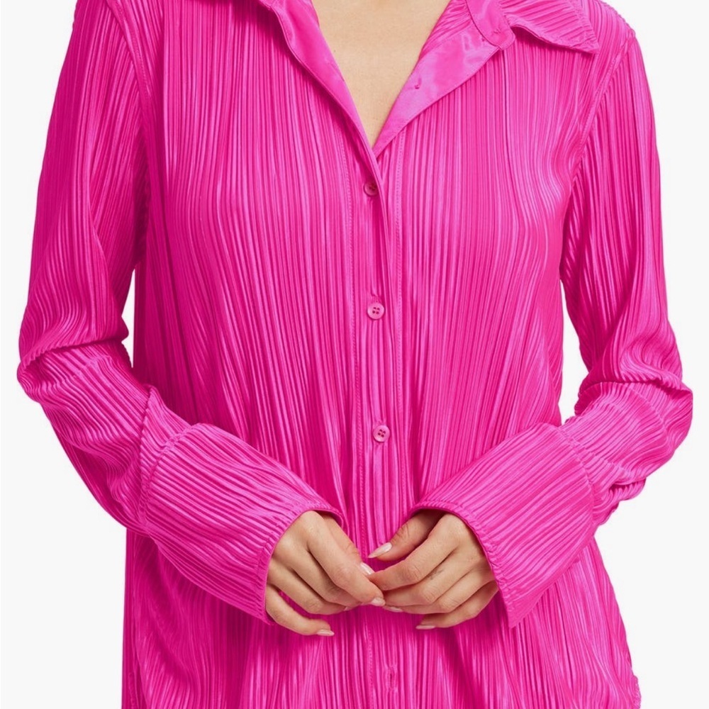 Good American satin plisse Barbie pink blouse